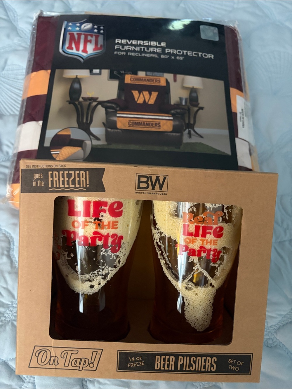 New ,NFL Reversible Furniture Protector in Burgundy & Gold, and set of pilsners